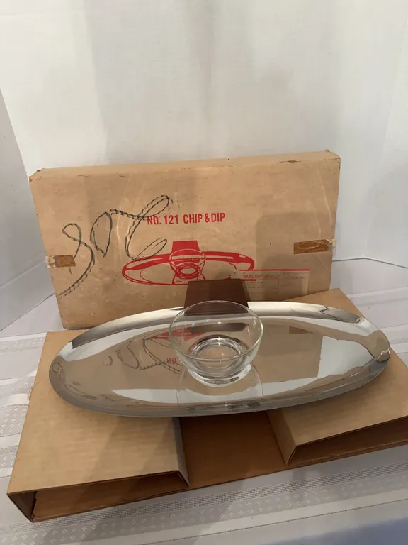 Mid-century chip and dip chrome dish – new