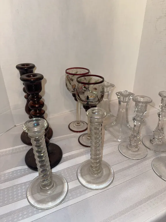 Vintage TIFFIN Glass twist candlesticks, etc.