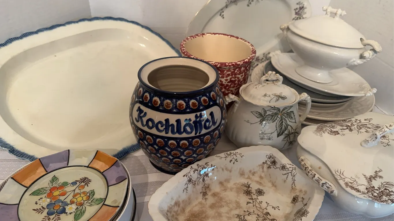 German pottery spoon holder, Asian plates, etc.