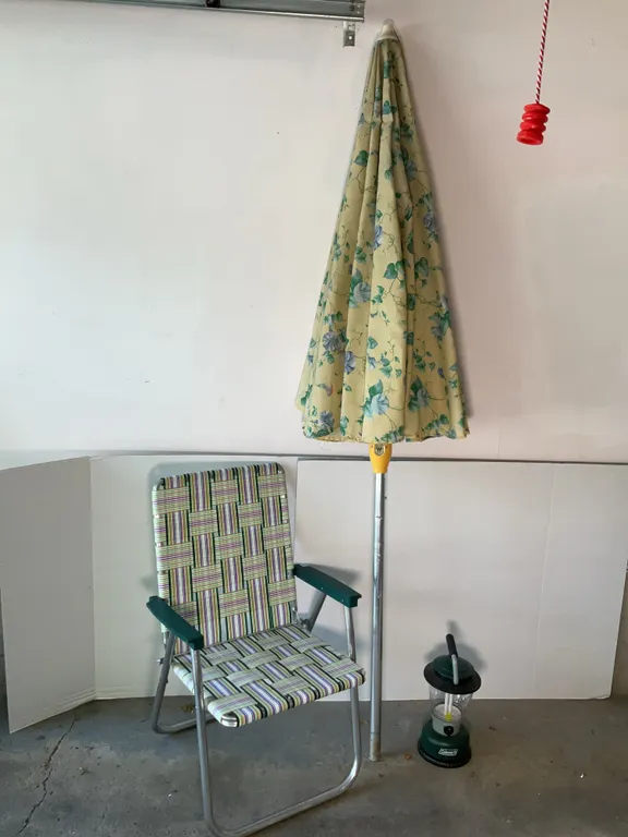 Patio Umbrella, Lawn Chair & Coleman Lantern