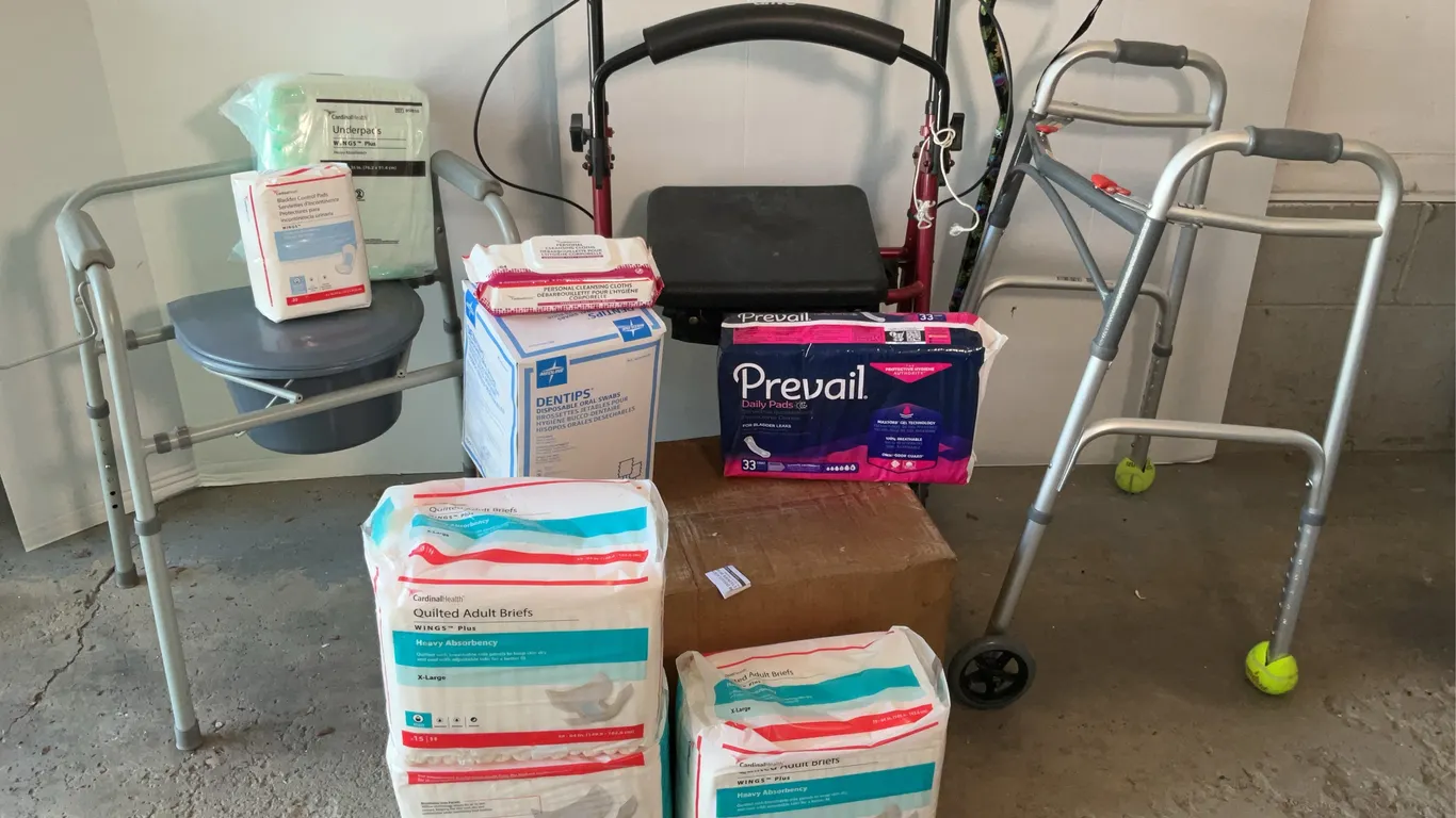 Home Health Aides, Rollator Walker with Cushion, Bedside Commode, Cane, Adult Briefs & More