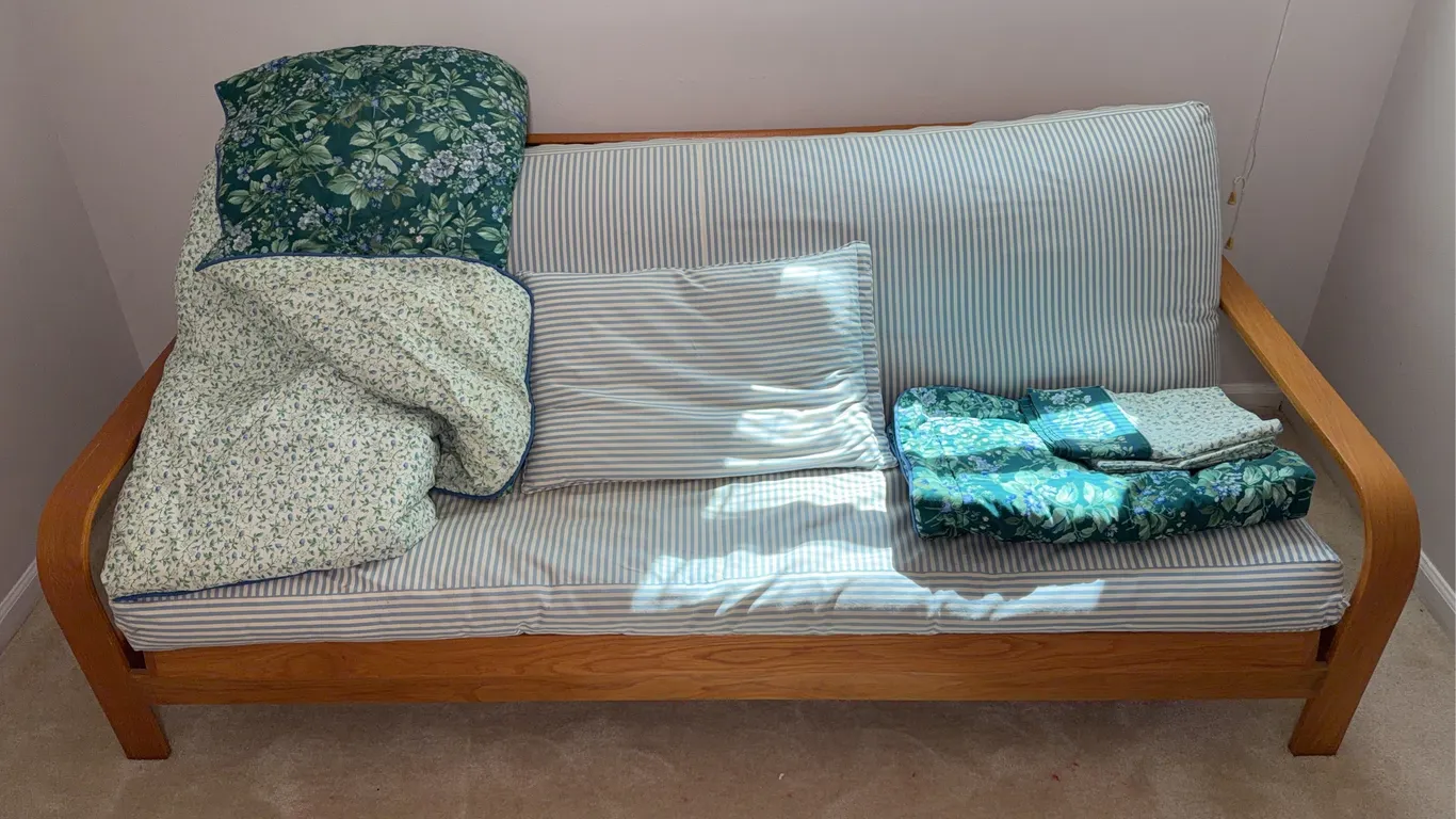 Full Size Wood Futon Frame with Mattress Pad & Bedding Set