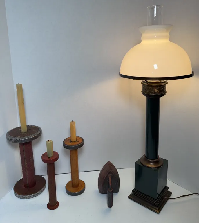 Vintage Table Lamp with Milk Glass Shade, Primitive Candle Holders & Antique-Style Sad Iron