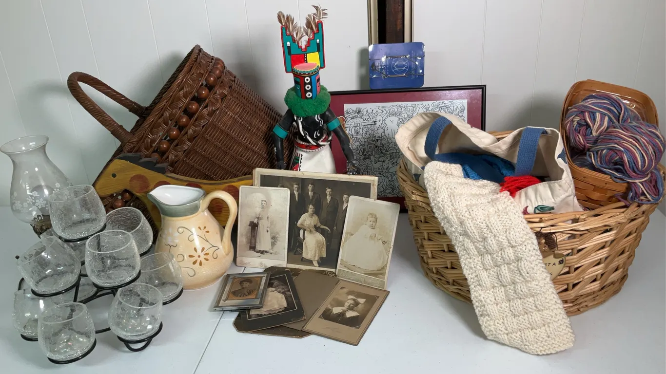 Vintage Pictures, Pitcher, Cat Print, Stair Basket, Lamp & Yarn