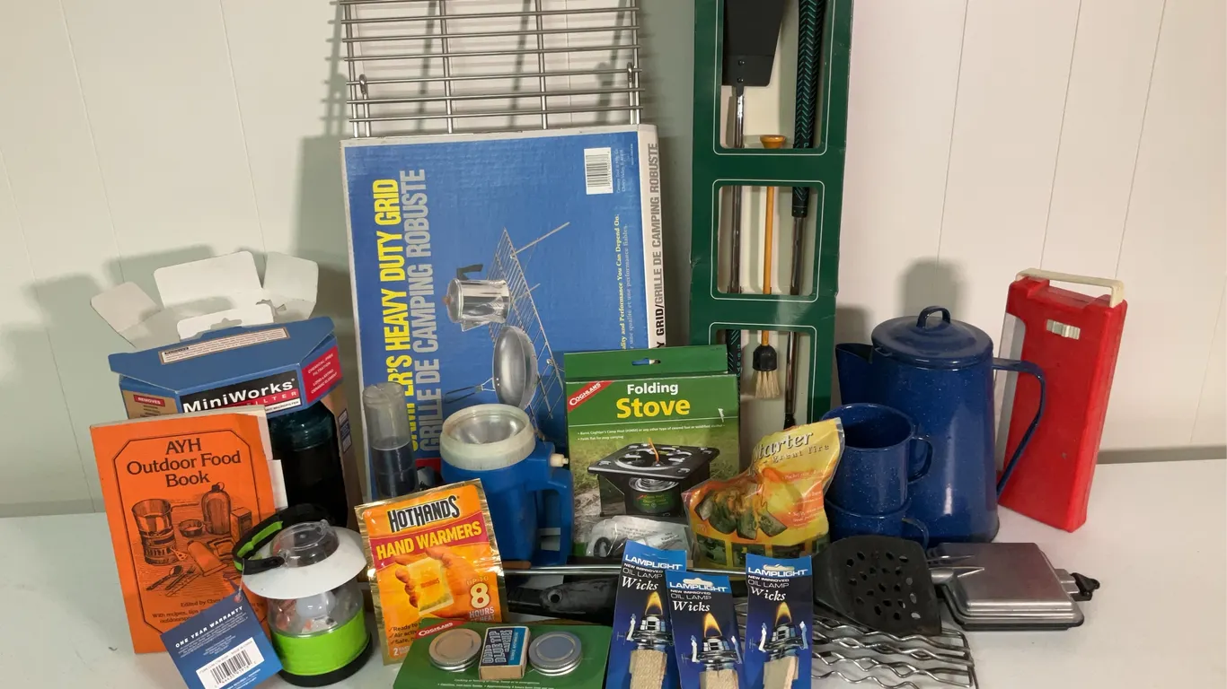 Camping Equipment, Some New, Cooking Utensils, Lanterns, Coffee Pot, Camp Folding Stove & More