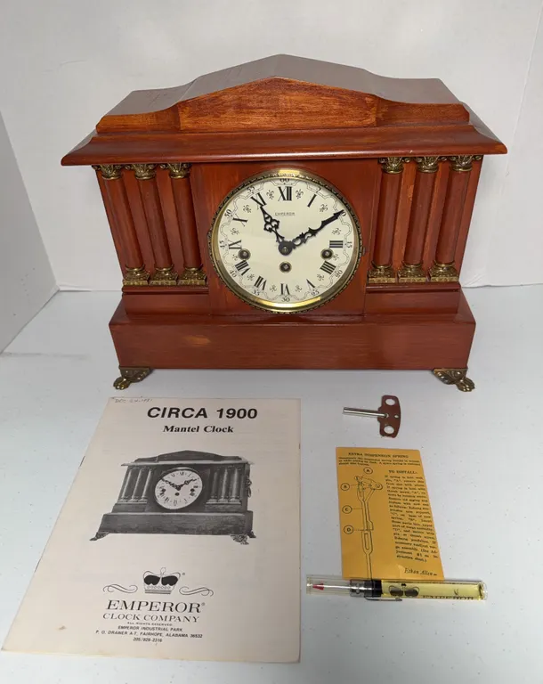 Emperor Clock Company “Circa 1900” Cherry Wood Mantel Clock with Key, Manual & Accessories