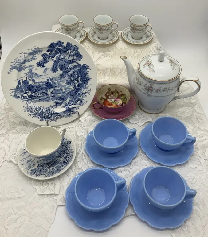 Assorted China & Glass Pieces Including Wedgewood, Noritake & Blue Milk Glass