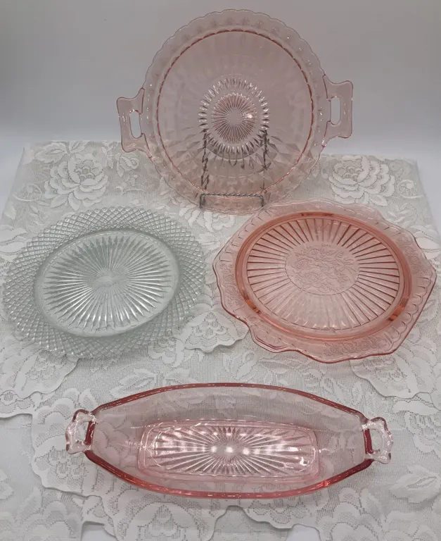 Anchor Hocking Pink Depression Glass & Jeannette Glass & Miss America Clear Depression Glass Plate