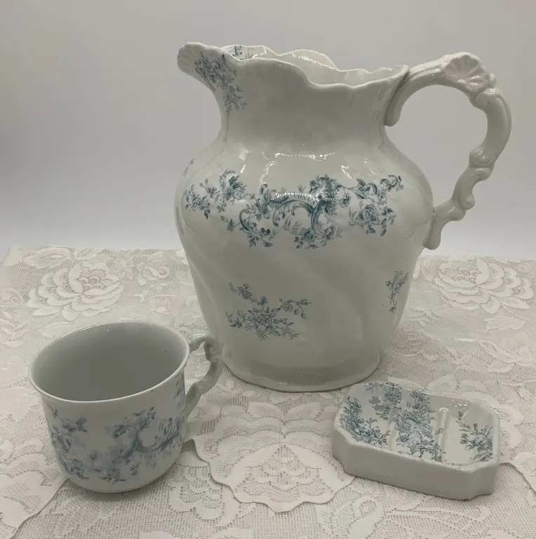 Antique Pitcairns 10in Porcelain Royale Pitcher with Matching Cup & Soap Dish