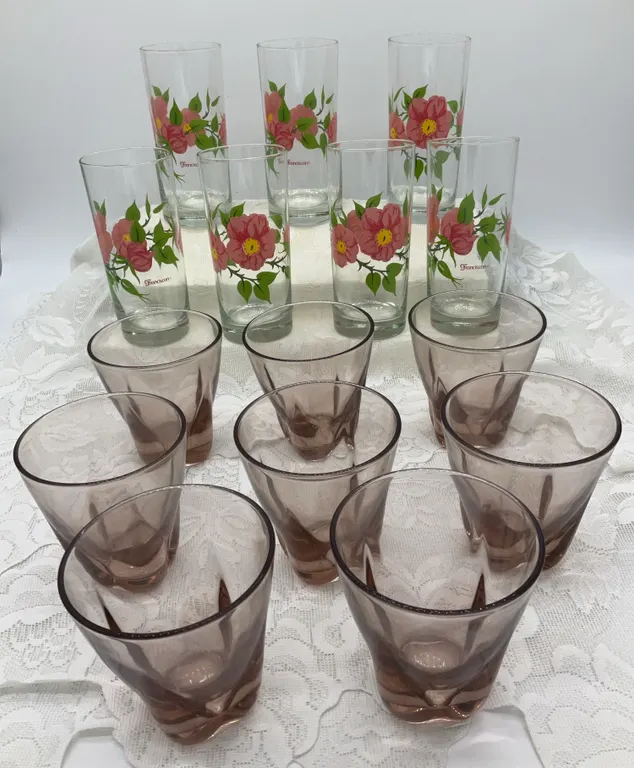 7 Vintage Franciscan “Desert Rose” 6in Glasses & 8 Fostoria “Dusk Tokay” 4in Tumblers