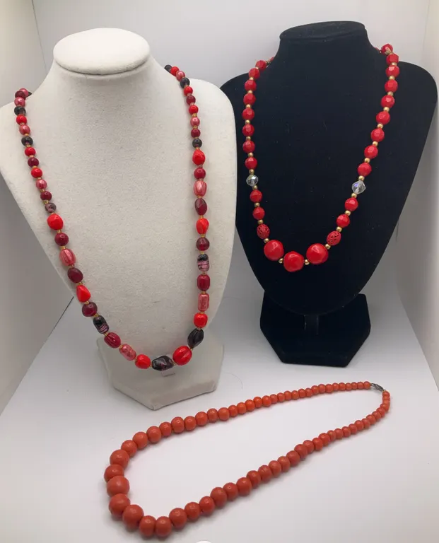 Coral & Red Vintage Faceted Bead Necklaces, 16in & 20in Long