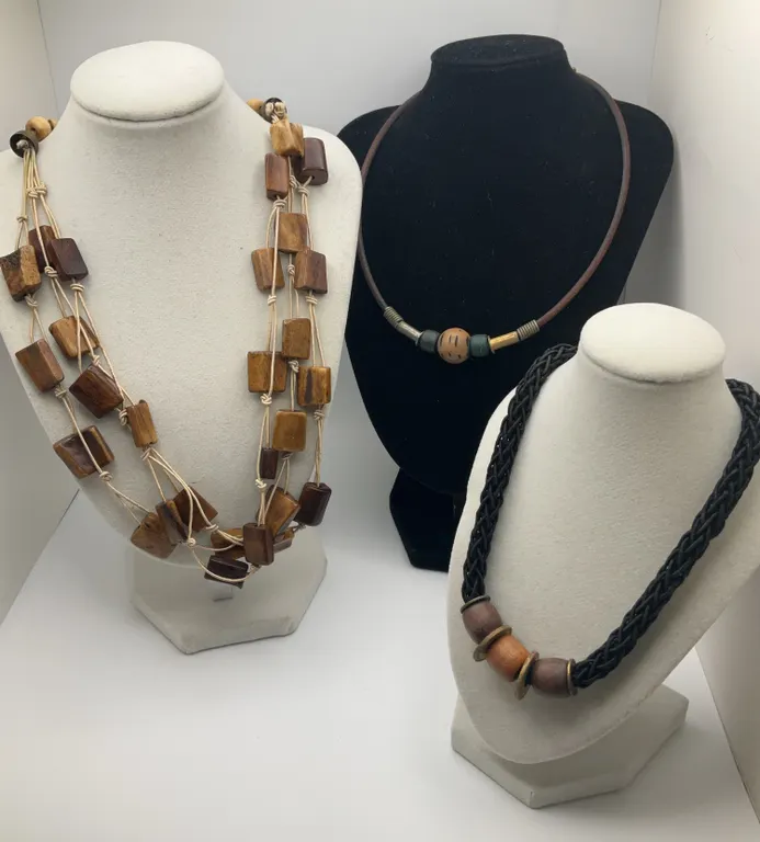 3 Rustic Wooden Bead & Cord Necklaces, 16in & Multi-Strand Carved Bone & Wooden Bead Necklace, 22in