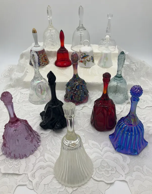 Bell Collection, Including Fenton Ruby Glass, Iridescent Carnival Glass & Crystal Glass