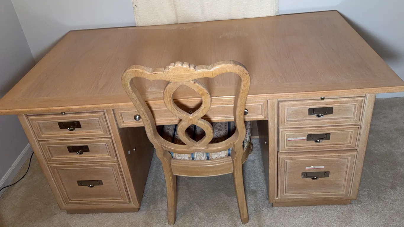 Vintage Executive Desk with Brass-Tone Campaign-Style Hardware & Chair