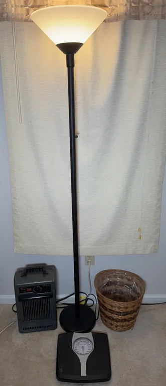Floor Lamp, Space Heater, Trash Basket & Bathroom Scale