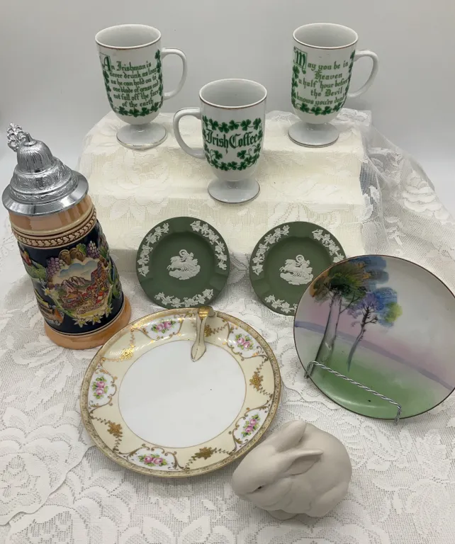 German Stein, Irish Coffee Mugs, Wedgwood Ashtrays & 2 Plates Made in Japan, One Marked Nippon