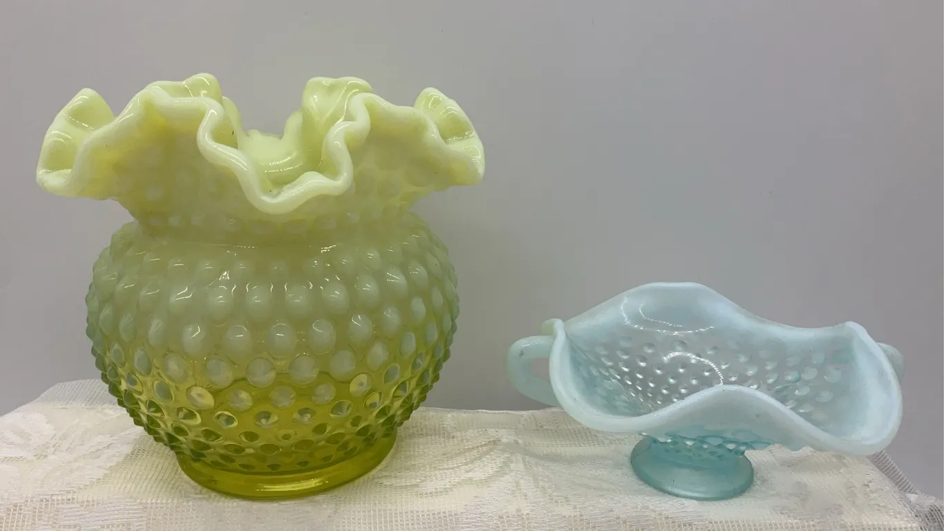 Vintage Fenton Hobnail Glass Pieces, Bonbon Handled Pedestal Dish & an Opalescent Bowl Vase