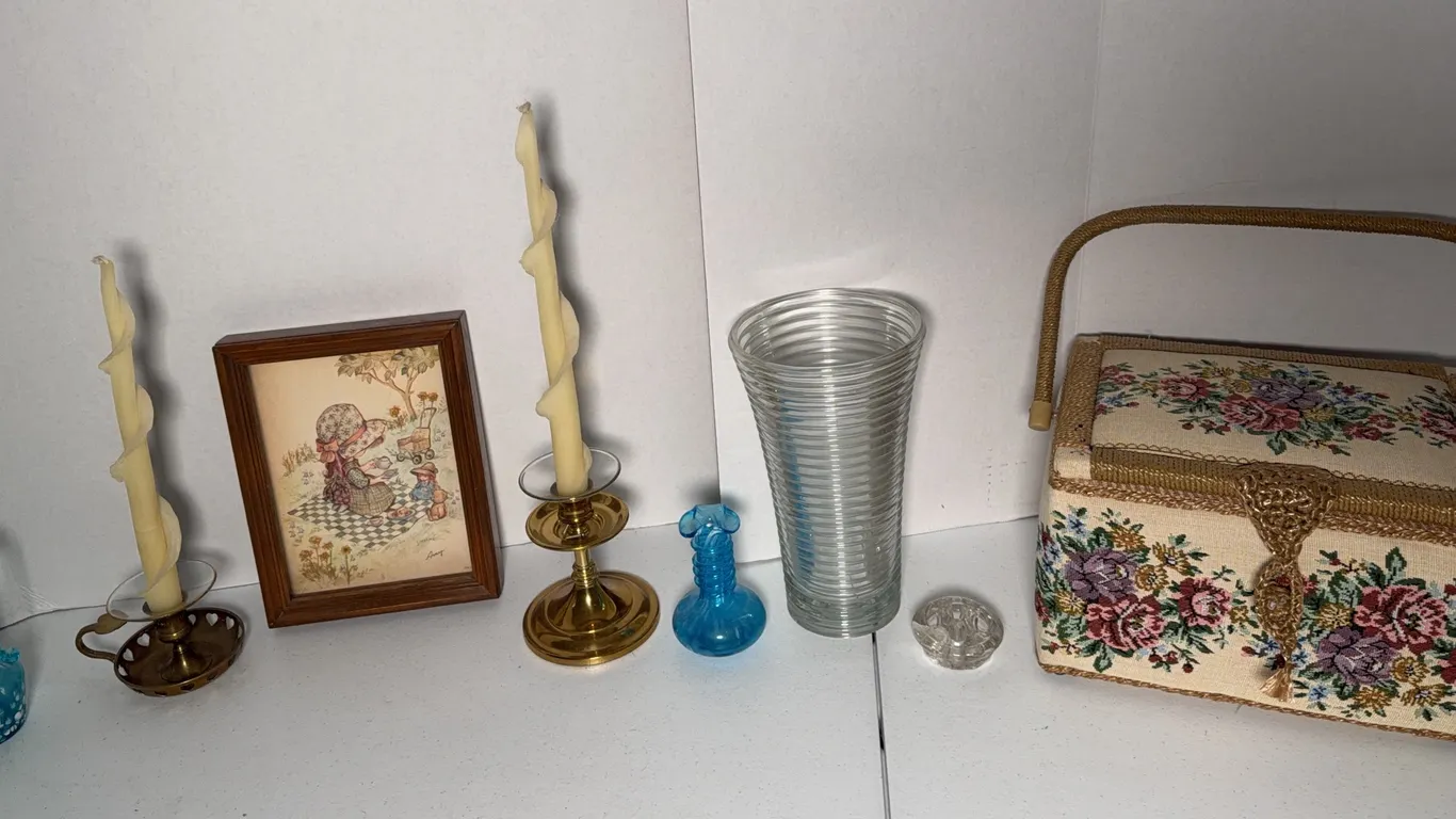 Vintage Sewing Box, Candle Stick Holders, Glass Decor & More