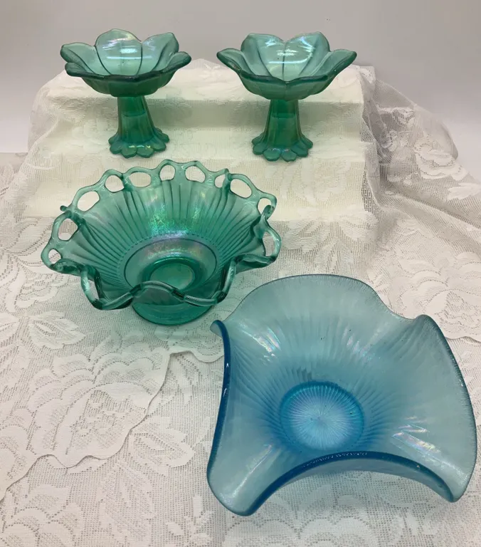Aqua Iridescent Carnival Glass Footed Bowl & 2 Pedestal, Bowls & a Fenton Blue Optic Spiral Bowl