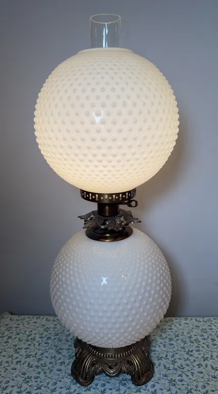 Vintage White Hobnail Milk Glass Double Globe Table Lamp with Ornate Brass-Tone Base