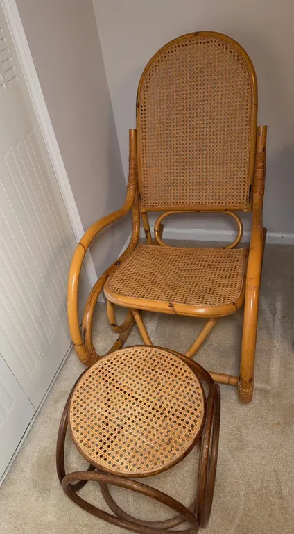 Vintage Bentwood Rattan Cane-Back Rocking Chair & Footstool