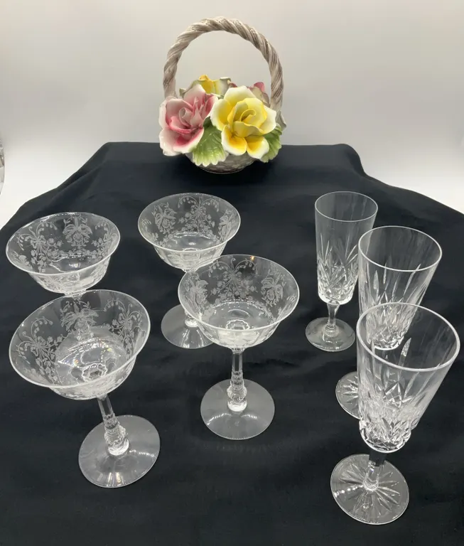 Italian Capodimonte Floral, 4 Vintage Etched 6in Champaign Coupes & 3 Flutes 7.5in