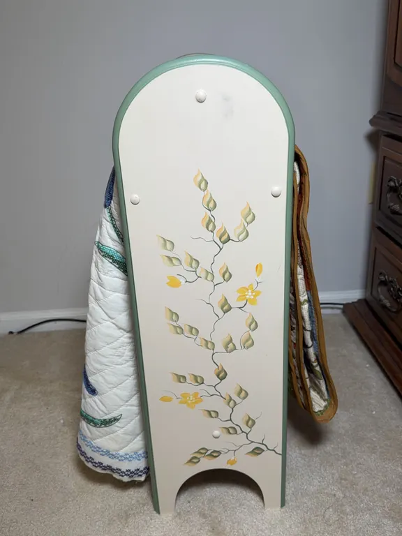 Blue Iris Embroidered Quilt & Country Patchwork Quilt with Floral-Painted Wooden Quilt Rack