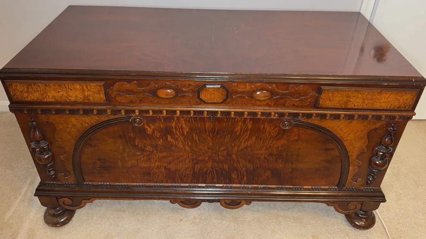 Vintage Ornate Wooden Blanket Chest with Decorative Details
