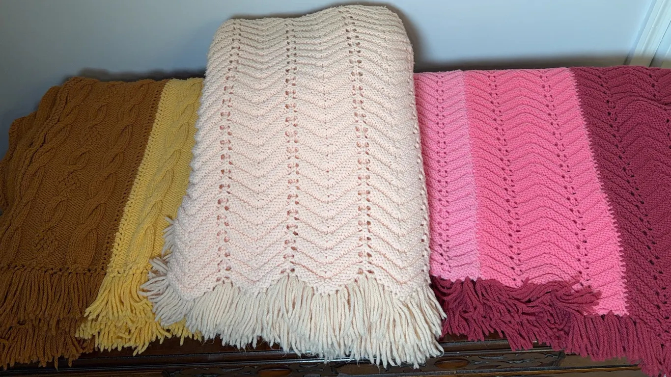 Three Knitted Afghan Throw Blankets with Fringe in Gold, Blush & Pink Tones
