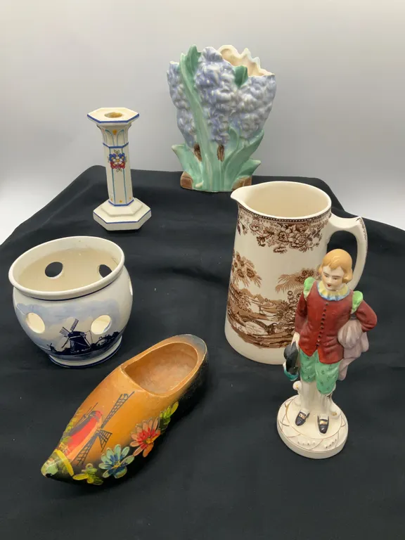 McCoy Hyacinth Vase, Delft Tulip Planter, Wooden Shoe, Antique Royal Staffordshire Pitcher & More