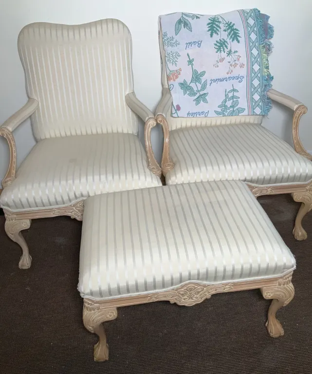 Cream Striped Upholstered Armchairs & Ottoman