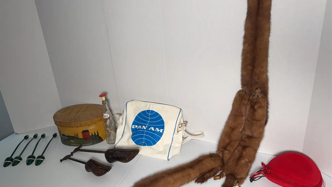 Vintage Accessories & Collectibles, Pan Am Bag, Fur Stole, Red Hat, Decorative Box & Shoe Forms