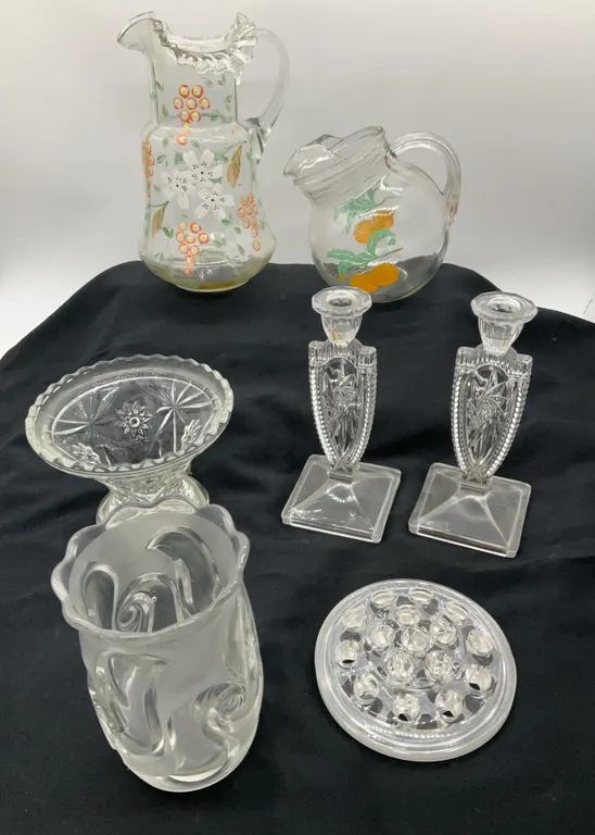 Glass Decor, Including 2 Vintage Pitchers & 2 Bohemian Art Deco Candle Holders