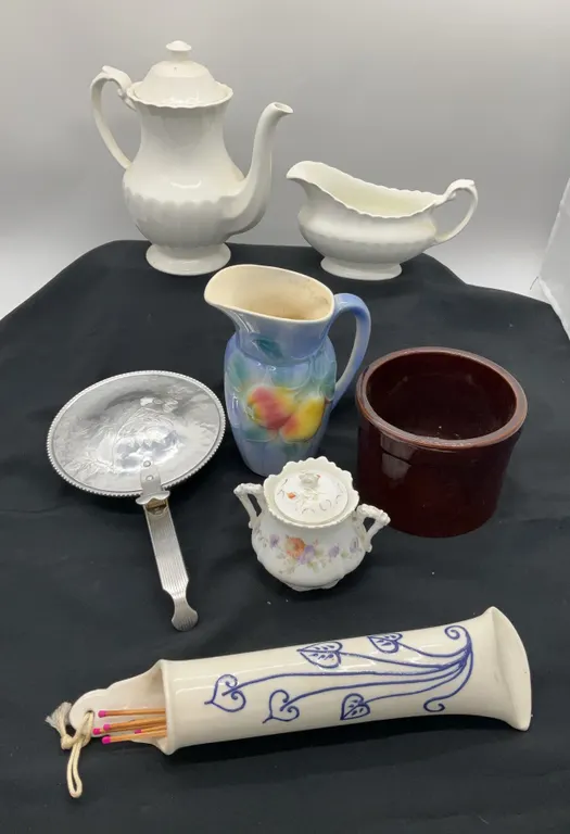 Vintage Coffee Pot, Gravy Pitcher, Royal Copley Pitcher, Brilliantone Table Crumb Collector & Mote