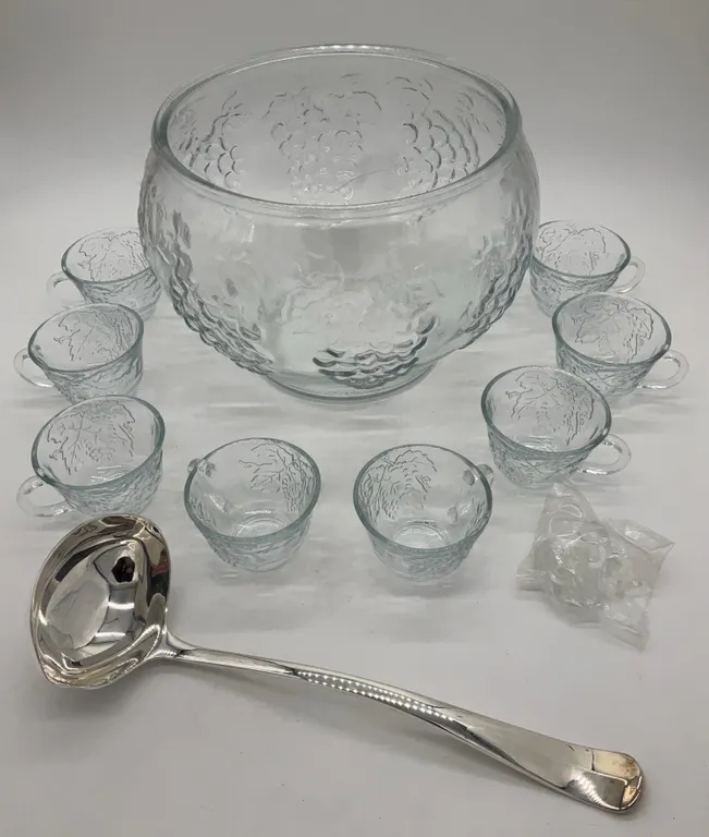 Punch Bowl with 8 Cups and Silver Plate Ladle