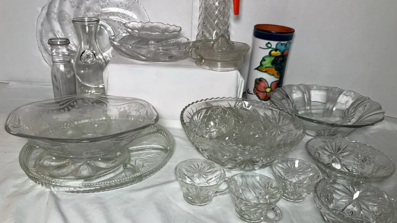 Assorted Glassware; Punch Bowl & Cups, Relish Tray, Serving Trays, Bowls & Tang Pitcher