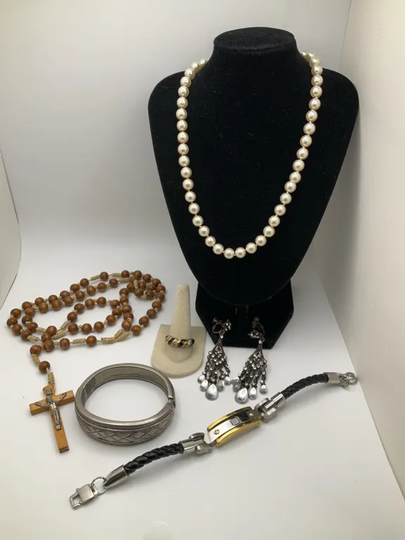 23in Faux Pearls, Pair of Screw Post Earrings, Gold Plated Ring, Wood Bead Rosary & 2 Bracelets