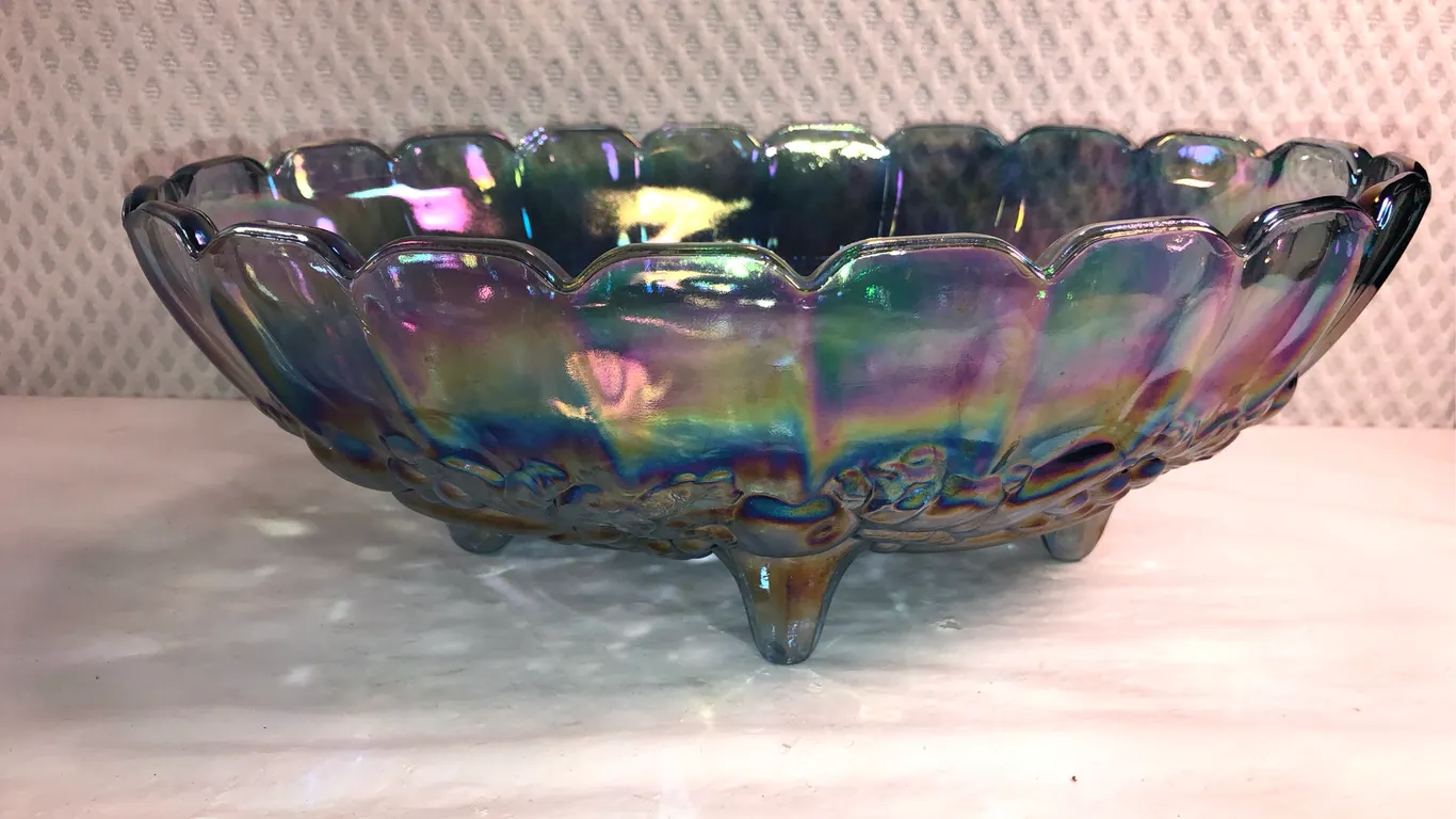 Indiana Glass Blue Iridescent Carnival Glass Footed Oval Fruit Bowl