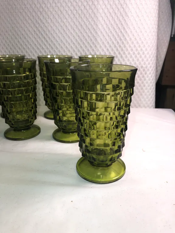 Indiana/Colony Glass Olive Green Tall Footed Glasses Set of Eight in Original Packaging