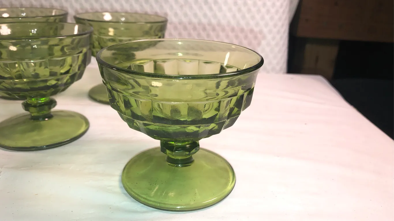 Indiana/Colony Glass Olive Green Desert Cups Set of Seven in Original Packaging