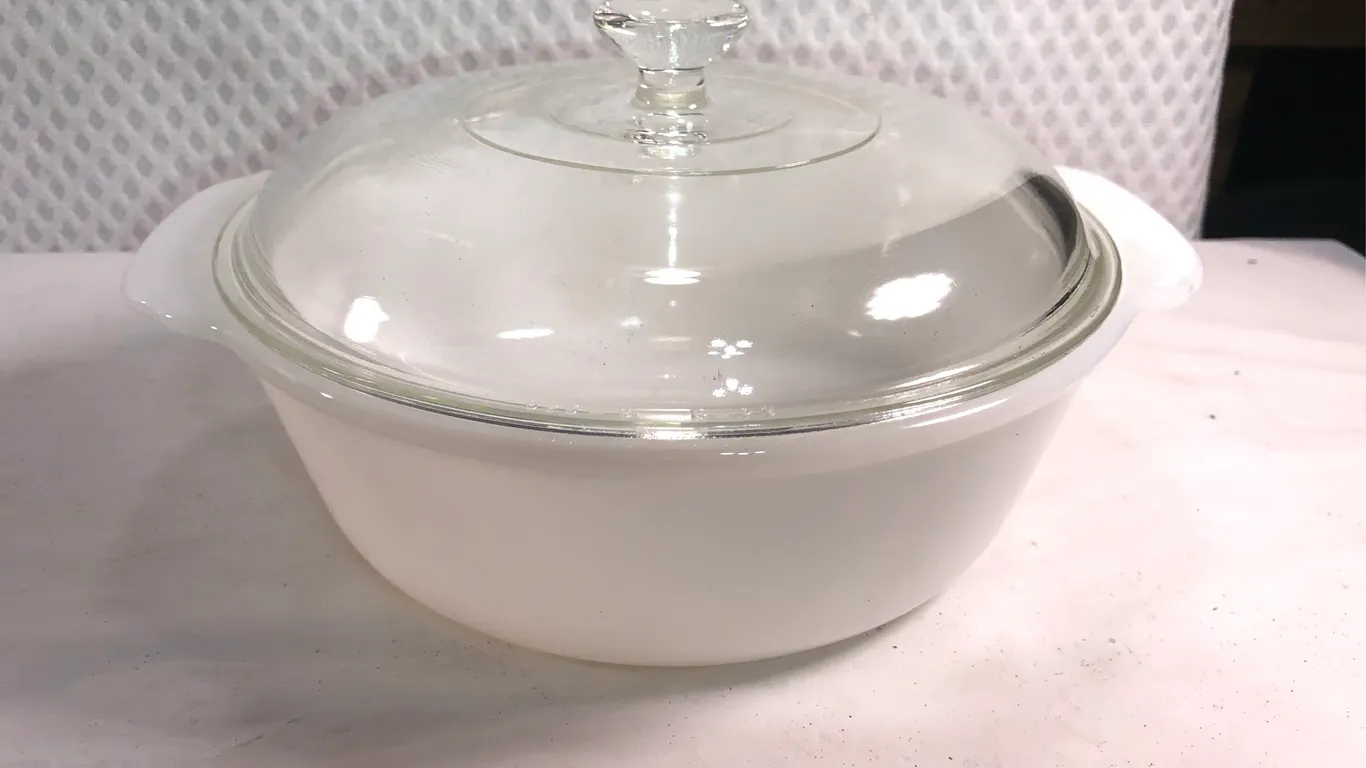 Rare Fire King 1 1/2 Quart Covered Casserole with Reverse Stamped Logo