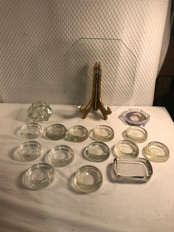 Frosted Glass Serving Plate and Group of Anchor Hocking Furniture Casters