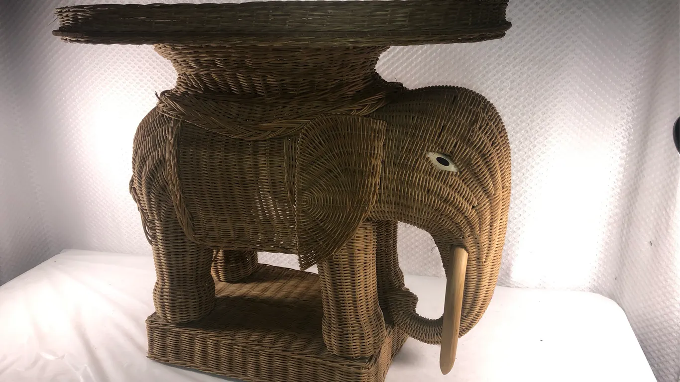Vintage Rattan And Wicker Elephant Shaped Side Table