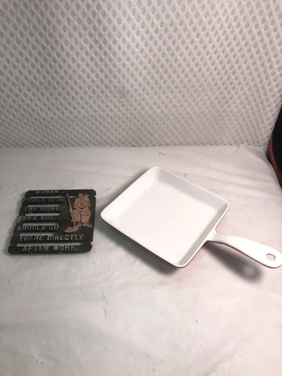 Cast Iron Enameled Egg Skillet and Funny Metal Trivet