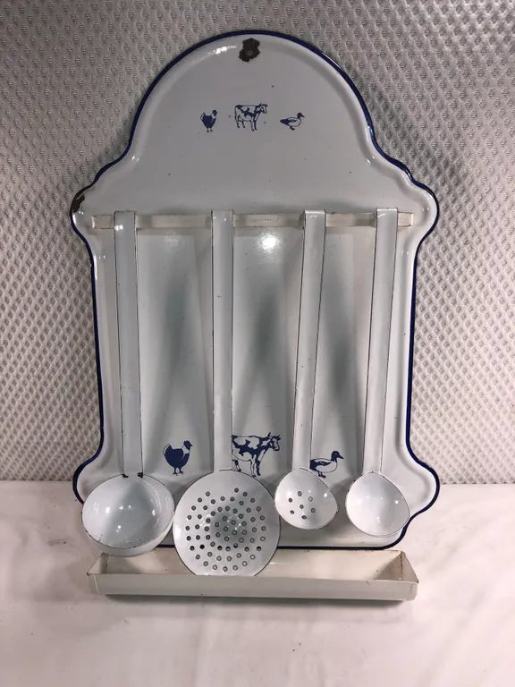 Antique Blue and White Enamelware Wall Mounted Ladle Rack