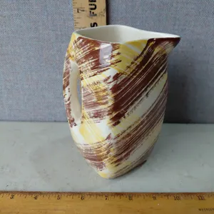 Vintage Pottery Pitcher Brown/Yellow Brush Strokes 6.25" Tall