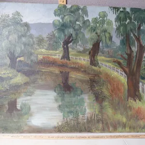 Vintage Acrylic Painting On Canvas Pond On The Side Of The Road 40"X30"