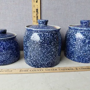 3 Crock Canisters, Blue Speckle Pattern, Biggest 7"X7.5"