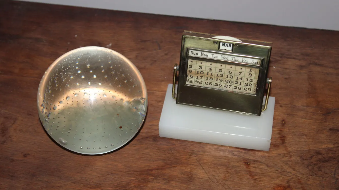 Glass Paperweight & Desk Calendar