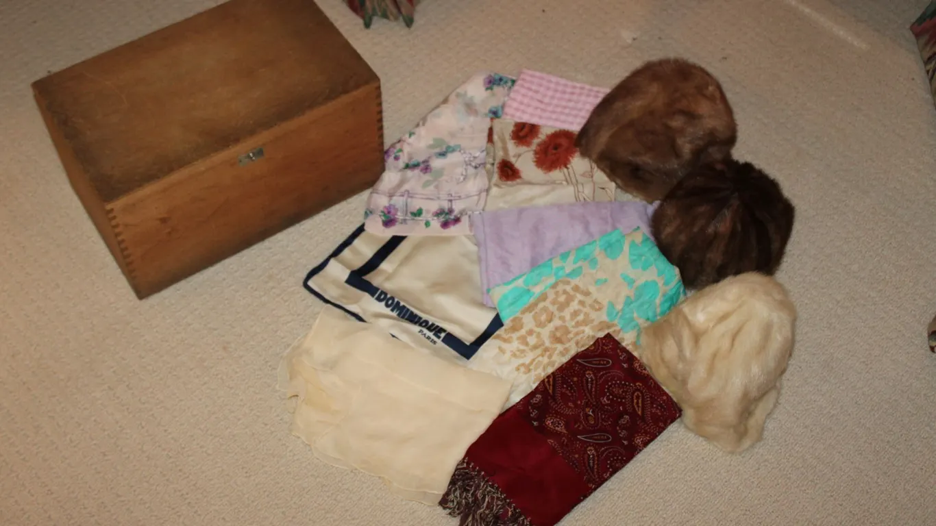 Scarves, Mink Hats & Wooden Box